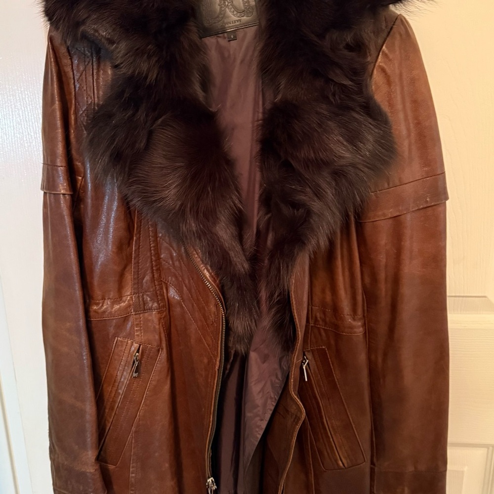 Dawn Levy Brown Leather Jacket with Dark Fur Collar